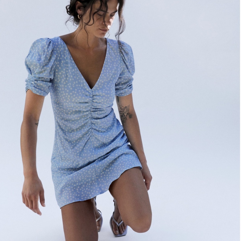 Zara Ruched Polka Dot Mini Dress Blue